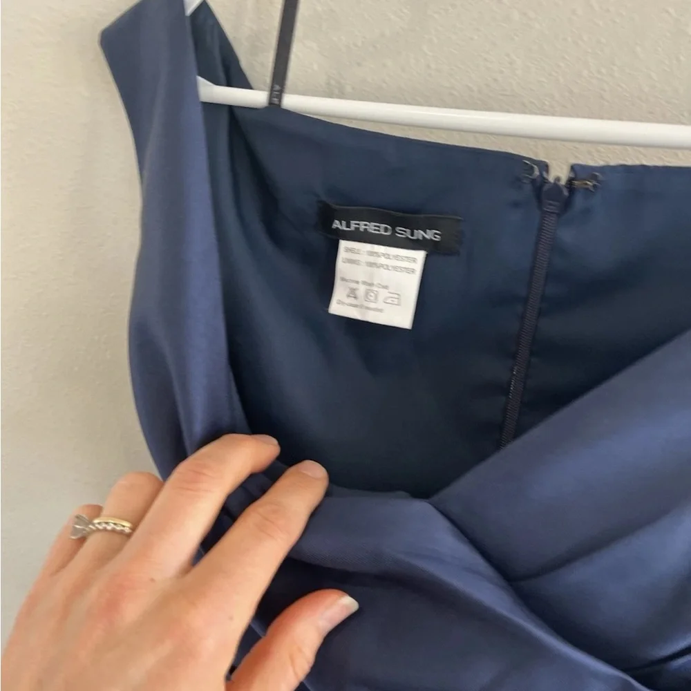 ALFRED SUNG Navy Blue V-Neck Satin Maxi Dress - Picture 5 of 9